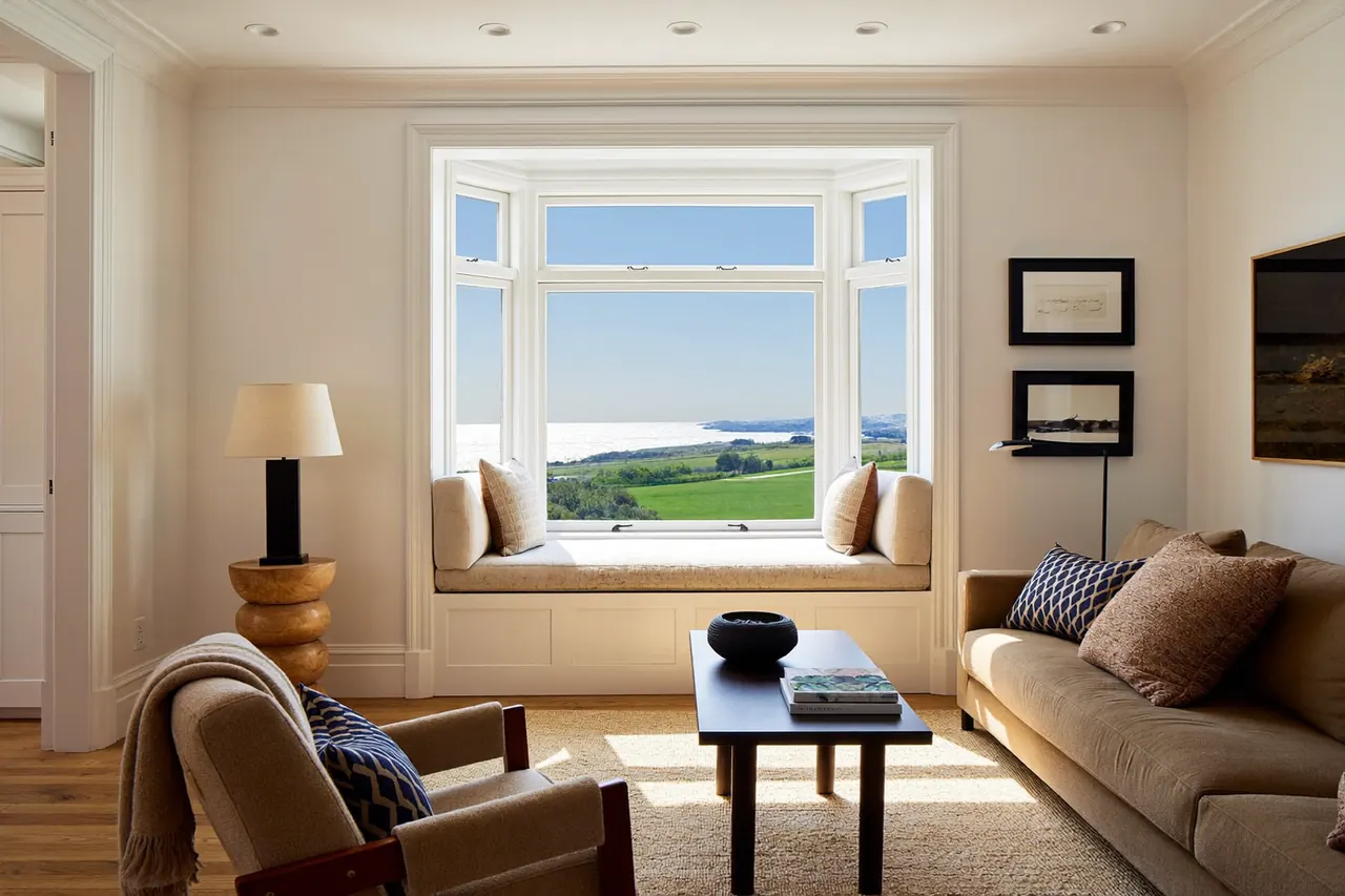 Bright living room with a large three-section bay window and a window seat