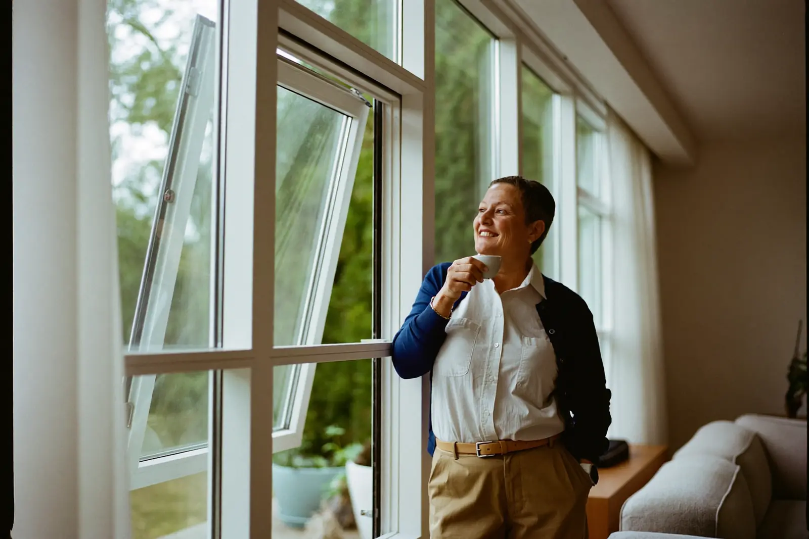 Smiling homeowner beside a bright new window in natural light