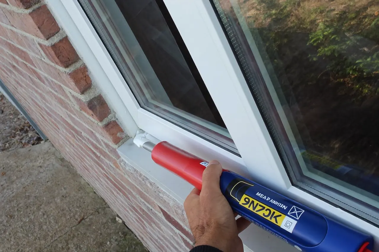 Installer applying weather sealant around a newly fitted external window frame