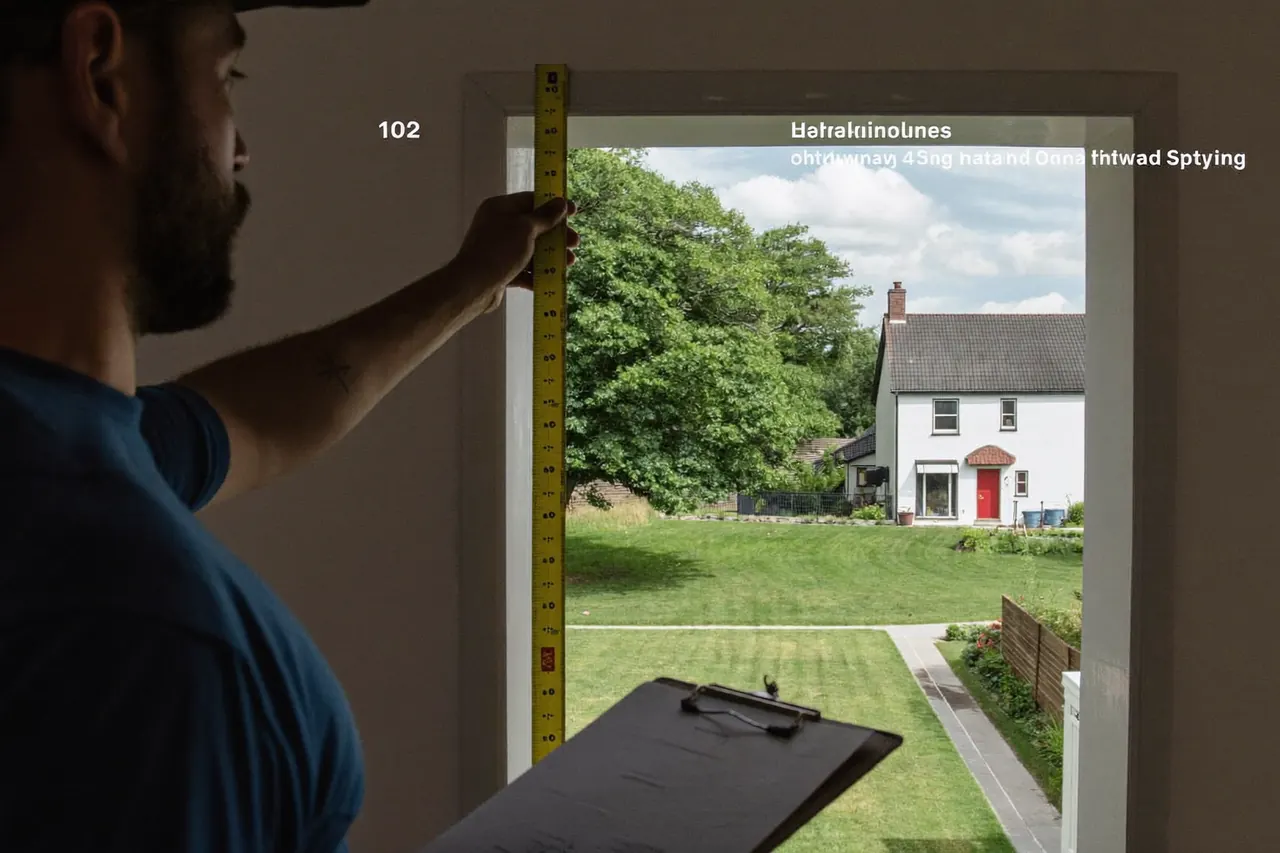 Surveyor checking a window reveal and recording measurements on a clipboard